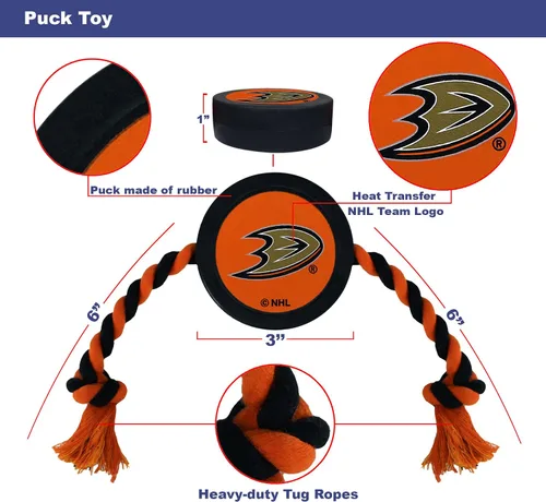 Vista 3 de Juguete de goma First Dog Puck – Cuerda de tiro resistente para perros y gatos – Juega hockey con tu mascota – Juguete con licencia de los Anaheim