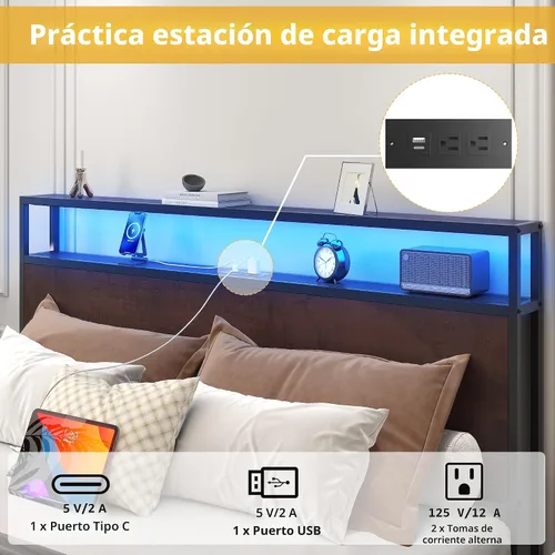 Vista 5 de Lifezone Base de cama Queen con cabecera de almacenamiento de 2 niveles, base de cama de plataforma de metal con 4 cajones de almacenamiento, Marrón