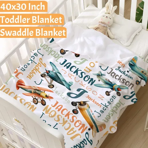 Vista 2 de Manta de avión con nombre personalizado, regalo de avión para niños, manta de avión con nombre personalizado para bebés, manta de franela suave