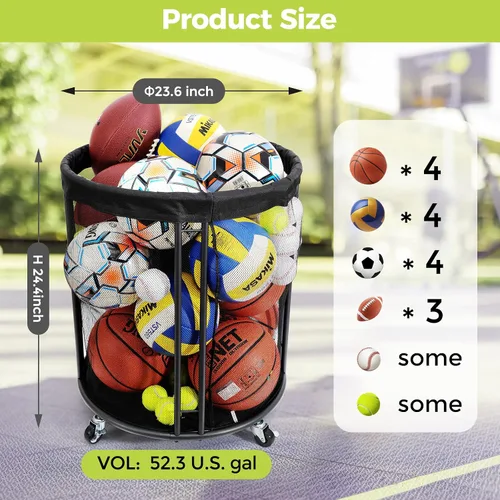 Vista 6 de Kingarage Ball Storage Bin, Sports Ball Storage Cart, Ball Holder with Wheels for Basketball, Soccer, Garage, School, Indoor, Outdoor Ball