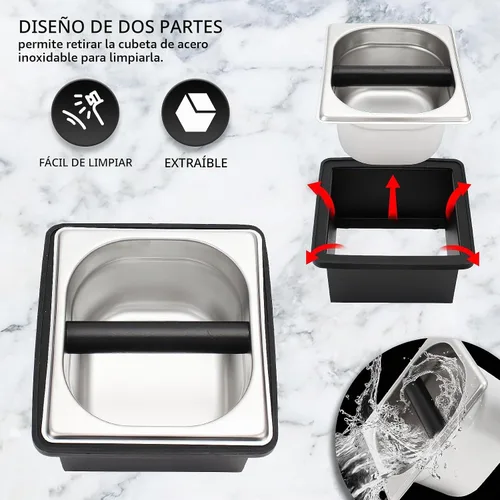 Vista 6 de DIBTSA Caja de café expreso, recipiente de acero inoxidable para discos de café, con soporte de acero y anillo de goma de reducción de ruido