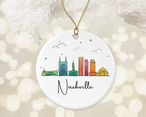 Vista 2 de Adorno de la ciudad de Nashville, adorno de Navidad de la ciudad de Nashville, adorno de Navidad de puntos de interés, gráfico colorido