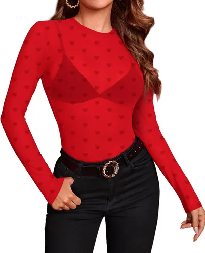 Vista 27 de OFEEFAN - Blusas de malla para mujer con manga larga y encaje, camisetas de cuello redondo ajustadas y transparentes Champán