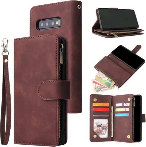 Vista 12 de UEEBAI Funda tipo cartera para Samsung Galaxy S10 Plus, Cartera de piel sintética con cierre magnético, funda de bolsillo con cremallera, ranuras