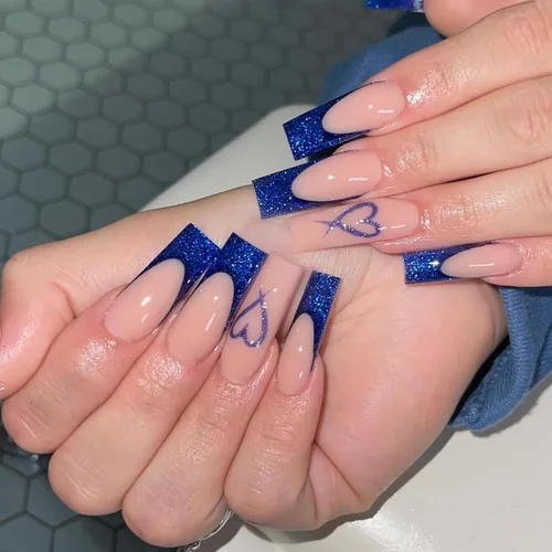 Vista 13 de BABALAL Uñas postizas largas a presión de estilo stiletto, uñas postizas francesas de lujo, con pegamento, diseño de diamantes de imitación