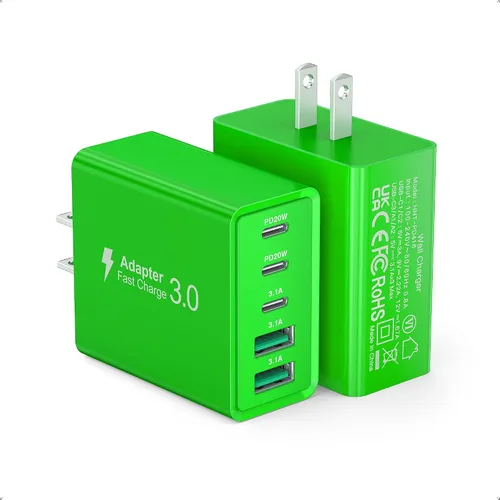 Vista 15 de [Paquete de 2] Cargador de pared USB C, bloque de cargador tipo C de 60 W, bloques de carga rápida de 5 puertos, enchufe multipuerto 3USB C+2USB A