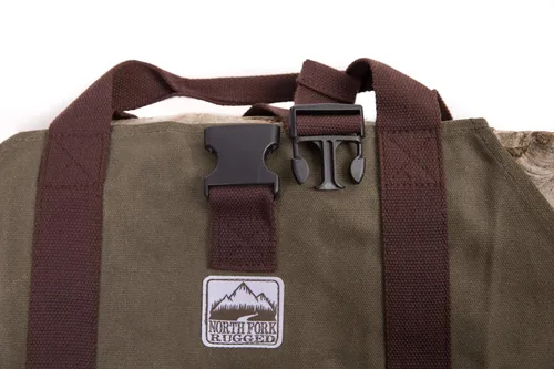 Vista 8 de Bolsa de lona encerada resistente para leña - asas dobles únicas que permiten un agarre seguro y cómodo con varios tamaños de carga. La correa