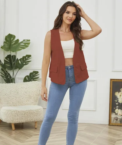 Vista 4 de YWS - Chalecos de moda para mujer, casual, sin mangas, con cuello en V, chaleco de lino y algodón