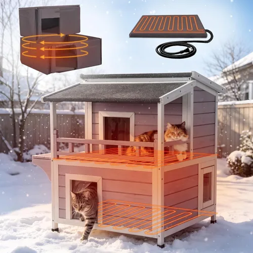 Vista 10 de GUTINNEEN Casa de Gatos al Aire Libre Resistente al Agua, Refugio para Gatos Ferales con Balcón, Refugio de Madera para Gatos Impermeable