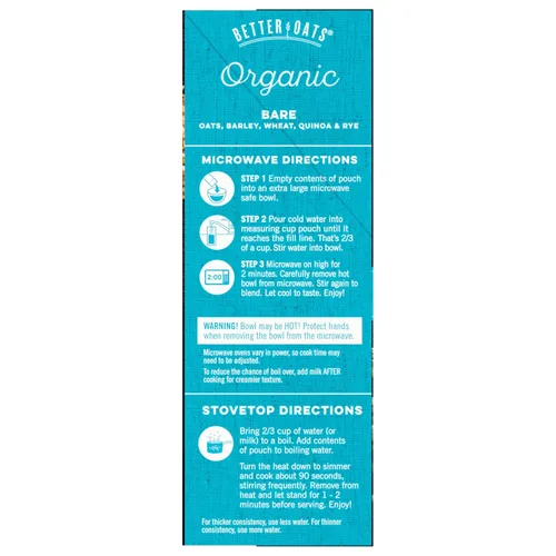 Vista 7 de Better Oats Bare Organic - Paquetes de cereales calientes multigrano, avena instantánea, textura gruesa y abundante, orgánico USDA, caja de 8 bolsas