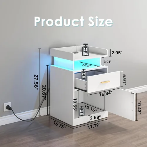 Vista 2 de Mesita de noche con estación de carga y luces LED, mesita de noche con cajón, mesita de noche con almacenamiento de gabinete, mesita de noche