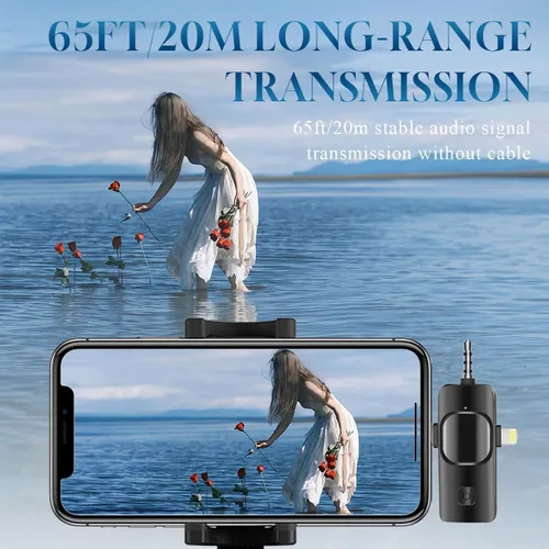 Vista 6 de Micrófono Lavalier inalámbrico 3 en 1 para iPhone, iPad, Android, cámara, batería de 12 horas, mini micrófono de grabación con reducción de ruido