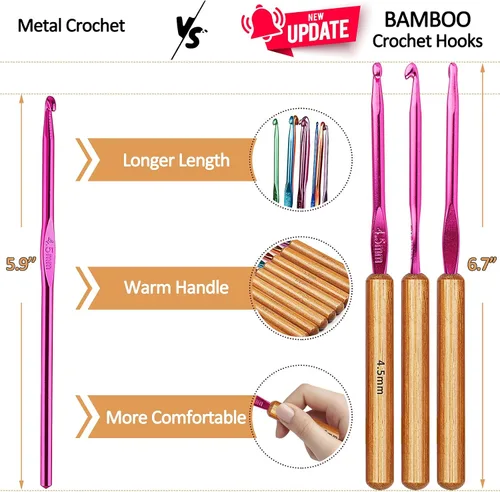 Vista 2 de Coopay Ganchos de ganchillo de bambú con agarre cómodo, kit de ganchillo de 6.7 pulgadas más largas de aluminio para ganchillo, juego de ganchos