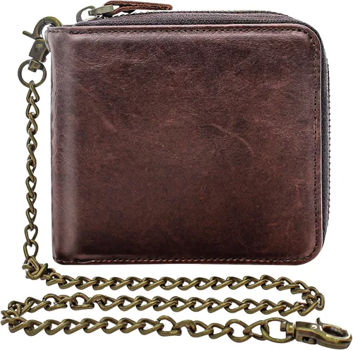 Vista 12 de boshiho Carteras de cuero auténtico con bloqueo RFID para hombre, billetera de doble pliegue con bolsillo para monedas con cremallera, con cadena