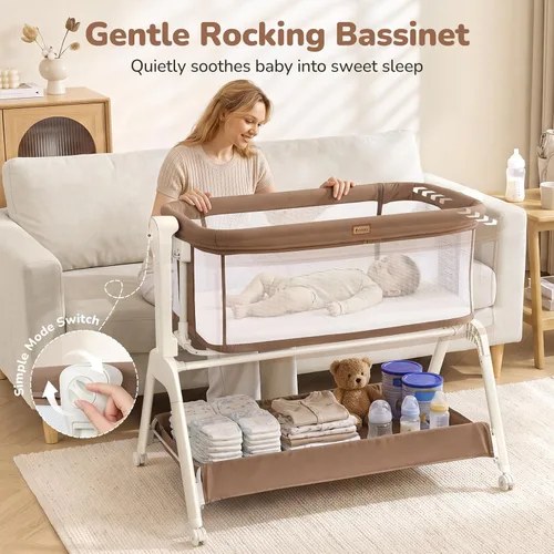 Vista 5 de Ezebaby Rocking Baby Bassinet Bedside Sleeper: 3-in-1 Bedside Bassinet for Baby - Breathable Full-Mesh Crib with Mattress 6 Height Adjustable with