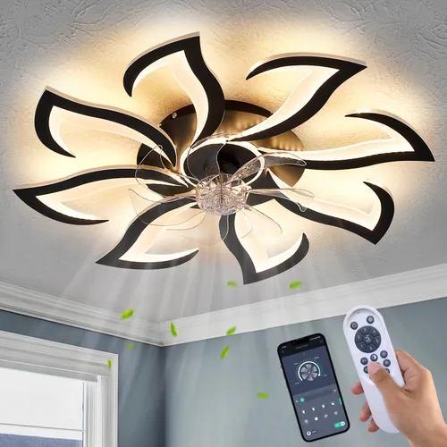 Vista 26 de Ventilador de techo de perfil bajo con control remoto y aplicación, motor silencioso y luz LED regulable, ventilador de techo de montaje empotrado