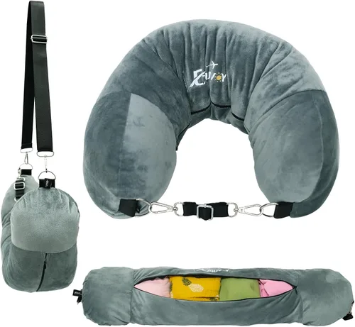 Vista 9 de Almohada de viaje para el cuello rellenable con ropa, almohada para el cuello rellenable para viajar, bolsa de almacenamiento rellenable y plegable