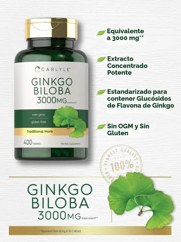 Vista 4 de Carlyle Ginkgo Biloba 3000mg 400 tabletas Suplemento herbario sin OMG, sin gluten Suplemento herbario sin OMG, sin gluten