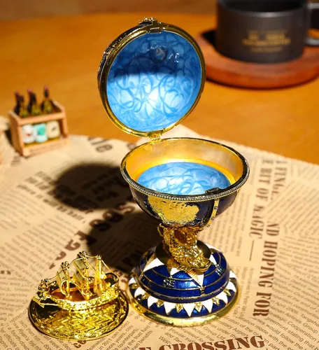 Vista 2 de Faberge - Caja de joyería de huevo con diamantes de imitación esmaltados, caja de joyería Faberge con bisagras, caja de anillos para decoración