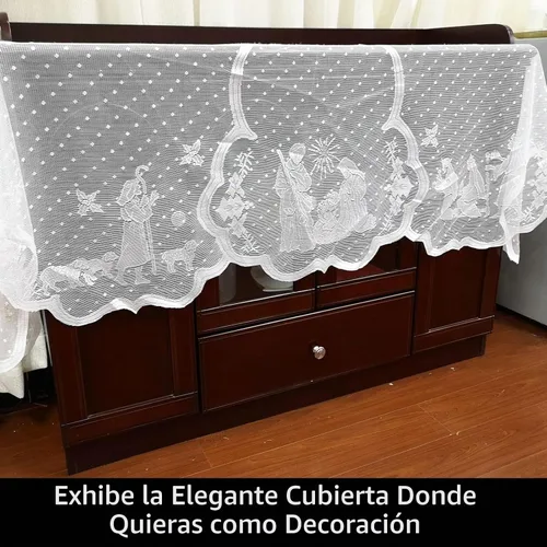 Vista 5 de Bufanda de Navidad para chimenea, cubierta de manto de pesebre de encaje blanco, guirnalda para decoración del hogar de vacaciones, sala de estar