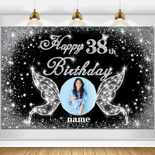 Vista 91 de Cartel personalizado de decoración de fiesta de cumpleaños número 100 - tema de alas de ángel - negro y plateado HY-NLK-100º