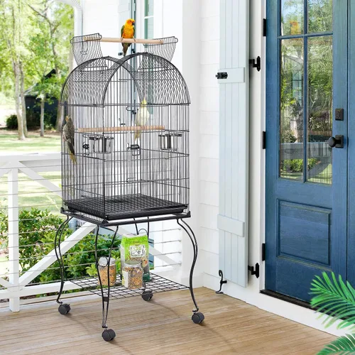 Vista 2 de Yaheetech - Jaula para pájaros de 150 cm, de pie, rodante, de cúpula media, con parte superior abierta, para loros, cacatúas, conuras del sol