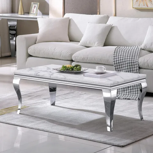 Vista 11 de Mesa de centro de 47 pulgadas de mármol negro con base en forma de U de acero inoxidable espejado, mesa central de parte superior rectangular