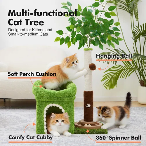 Vista 4 de Woochpet Árbol pequeño para gatos con poste rascador y pista de bolas, torre verde para gatos con hojas realistas para gatitos y gatos pequeños