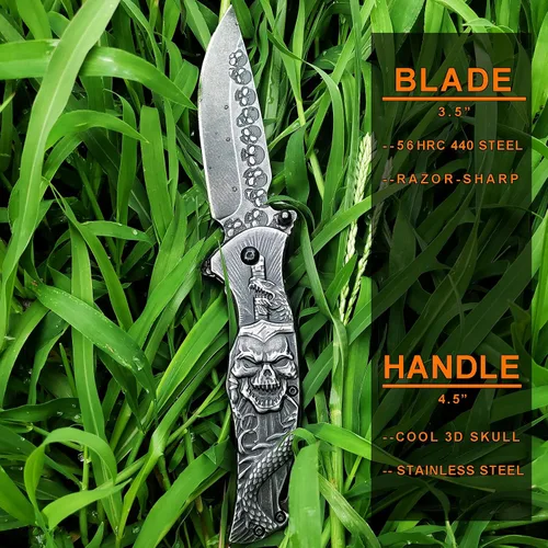 Vista 4 de Navaja de bolsillo de cráneo, cuchillo plegable de bolsillo fresco, cuchillo EDC de calavera en relieve 3D para hombres, festival, regalo de Negro