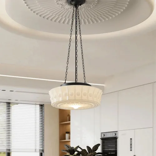 Vista 2 de Retro White Pendant Light Fixtures, Modern 13.7IN Living Room Hanging Pendant Lamp, Mid Century Glass Shade Chandelier for Dining Room Bedroom