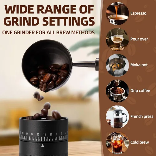 Vista 4 de Molinillo de café manual con ajuste externo, rebaba cónica de acero inoxidable de seis estrellas, molinillo de mano ajustable para expreso, vertido