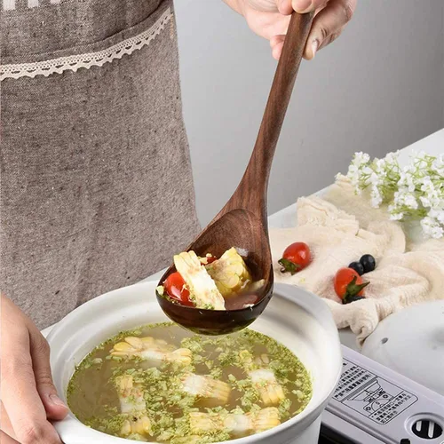 Vista 7 de Juego de 6 utensilios de cocina de madera, cucharas y espátula de mango largo de madera de nogal negro para cocinar, resistentes al calor