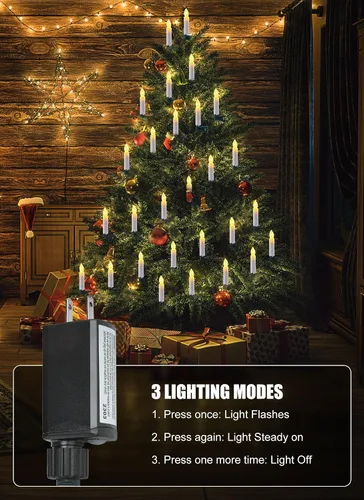 Vista 3 de Luces de cadena de velas para árbol de Navidad enchufables, 50 luces LED de velas sin llama con clips, luces parpadeantes de velas de 48 pies