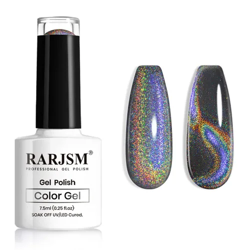 Vista 14 de RARJSM Esmalte de uñas de gel con purpurina holográfica plateada, efecto arcoíris galáctico, universal, sin imán, para secado con lámpara UV o LED