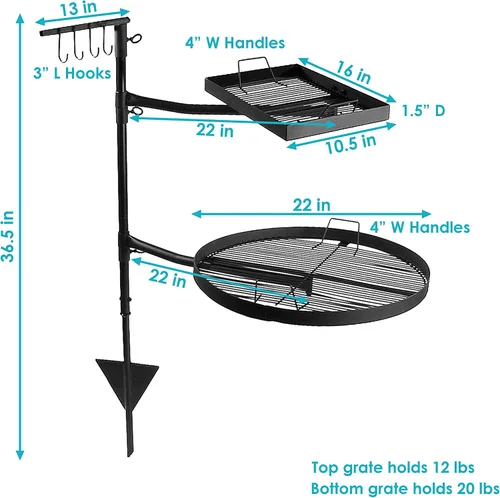 Vista 3 de Sistema doble de parrilla giratoria para exterior de Sunnydaze. Includes 2 Grates & 1 Stake, Easy Assembly, Steel Portable Camp Fire Cooking