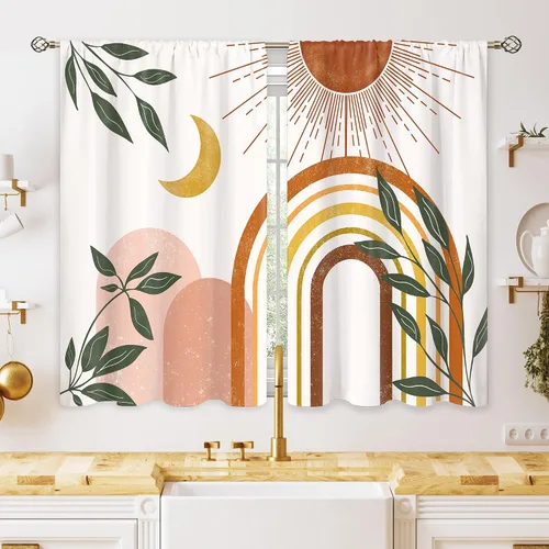 Vista 13 de Cortinas bohemias de cocina pequeñas de mediados de siglo, tratamiento abstracto moderno para ventana, bolsillo para cortinero, cortinas cortas