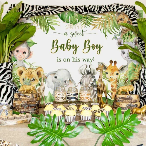 Vista 4 de Telón de fondo de 7 x 5 pies con diseño de animales de safari de la selva para baby shower, baby shower, para bebé, niño está en camino, es un niño