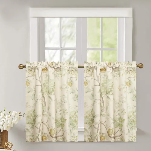 Vista 2 de Leeva Cortinas rústicas de cocina con estampado floral verde mezclado de lino para media ventana, para comedor, bolsillo para barra, cafetería