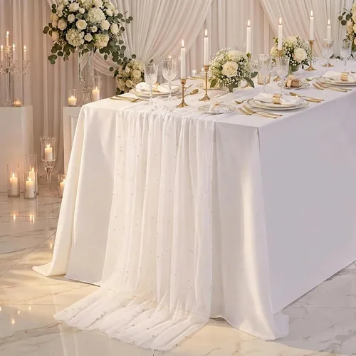 Vista 44 de LuoluoHouse Camino de Mesa de Perla para Centros de Mesa de Boda: Camino de Mesa de Perla de 10 pies, Decoración de Mesa de 29x120 Pulgadas de Tul