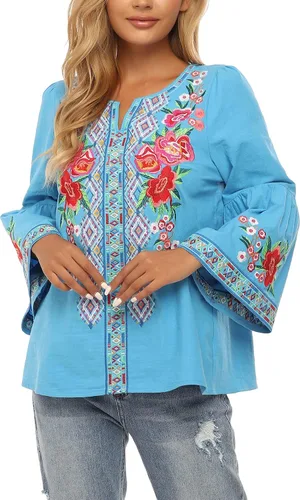 Vista 4 de YZXDORWJ Blusa casual mexicana campesina con volantes y mangas acampanadas para mujer, talla extra grande, talla XXL