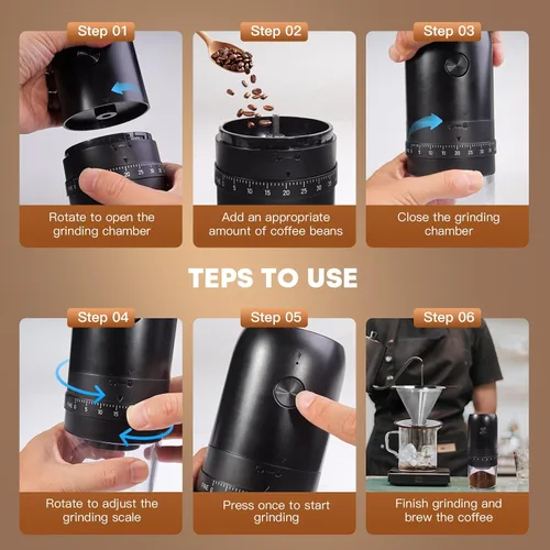 Vista 6 de Molinillo eléctrico portátil de granos de café, rebabas cónicas de cerámica mejoradas con 40 niveles externos ajustables finos a ajustes gruesos