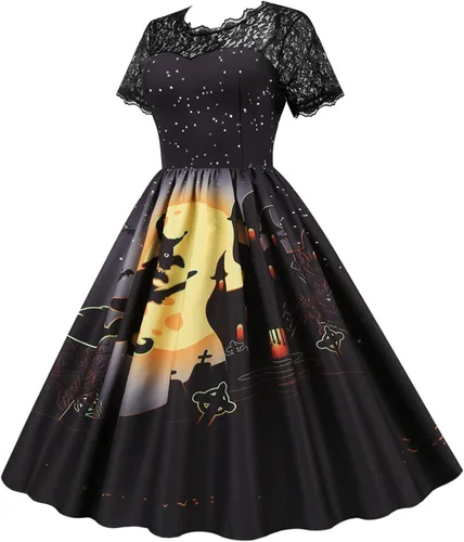 Vista 2 de Disfraces de Halloween para mujer, vestido con cuello en V, manga corta con cremallera y panel de encaje