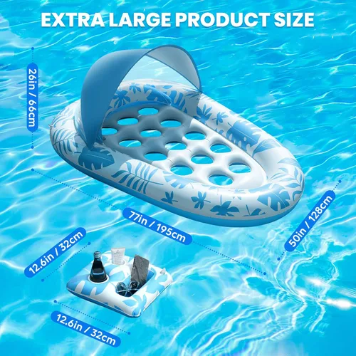 Vista 6 de Flotadores inflables para piscina para adultos, 3 en 1, flotadores de piscina con toldo y soporte para tazas, balsa de piscina XL, sillas