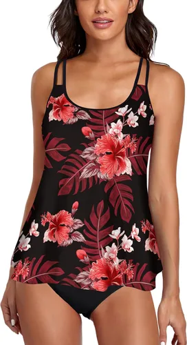 Vista 27 de Omichic Conjuntos de tankini modestos para mujer, trajes de baño atléticos de 2 piezas, camiseta sin mangas fluida con parte inferior de bikini