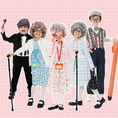 Vista 7 de FAYBOX 9 pcs Old Lady Costume for Kids,Old Lady Wig 100 Days of School Costume for Girls,Halloween Granny Grandma Dress Up
