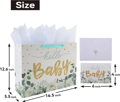 Vista 2 de Juego de bolsas de regalo extra grandes de 16.5" en color blanco con tarjeta de felicitación y papeles de seda (brillo dorado "Bebé") para baby