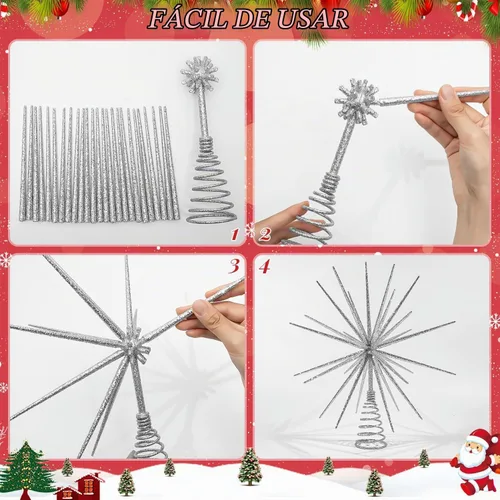 Vista 4 de Adorno para la punta del árbol de Navidad plateado de 13.7 pulgadas - Adorno 3D de explosión plateada para la punta del árbol, decoraciones de árbol