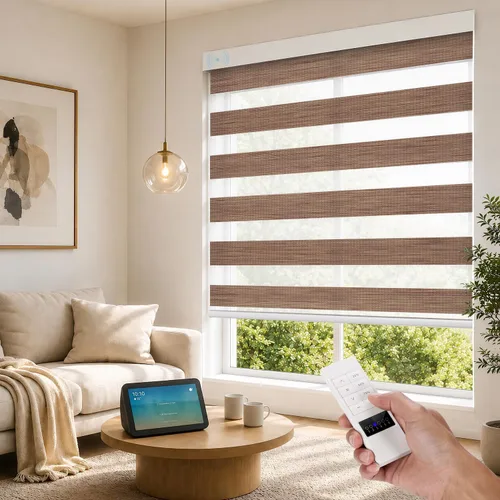 Vista 13 de ACMEART Persianas motorizadas de cebra con control remoto, persianas automáticas de doble capa, persianas eléctricas opacas para oficina del hogar