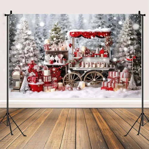 Vista 3 de Telón de fondo de fotos para tienda de cacao caliente de invierno, carrito de madera, decoración del hogar familiar, fondos de fiesta de vacaciones