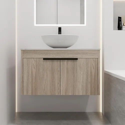 Vista 17 de Armario de tocador de baño de 24 pulgadas, tocador de baño flotante con lavabo de cerámica, moderno juego de tocador de baño colgante de roble